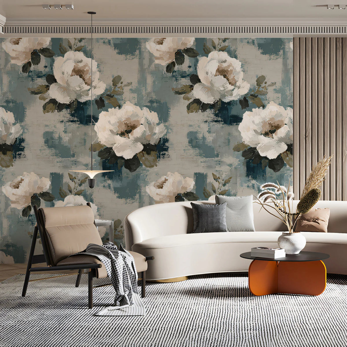 Brushstroke Floral Mural Wallpaper — Artistic Distressed Design Mural Wallpaper - room preview 02