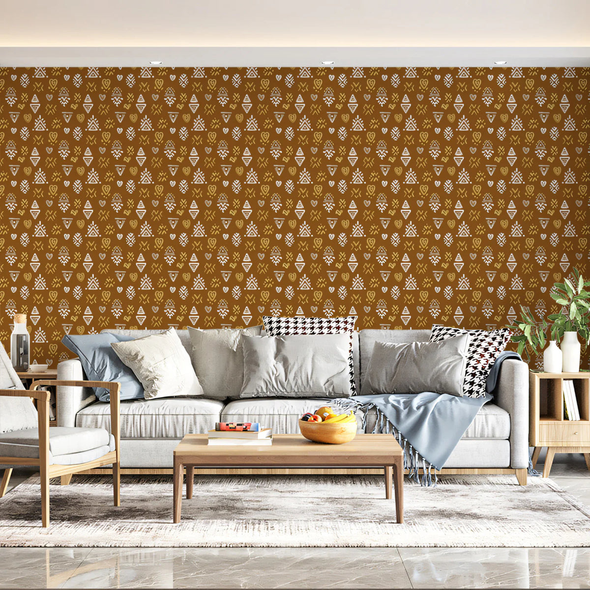 Modern Folk Motif Mural Wallpaper — Bohemian Earthy Pattern Mural Wallpaper - room preview 02