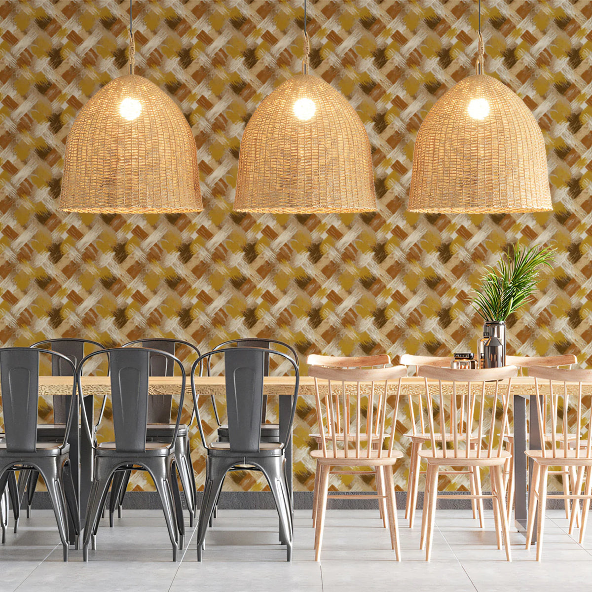 Woven Crosshatch Mural Wallpaper in Warm Ochre and Brown Mural Wallpaper - room preview 02