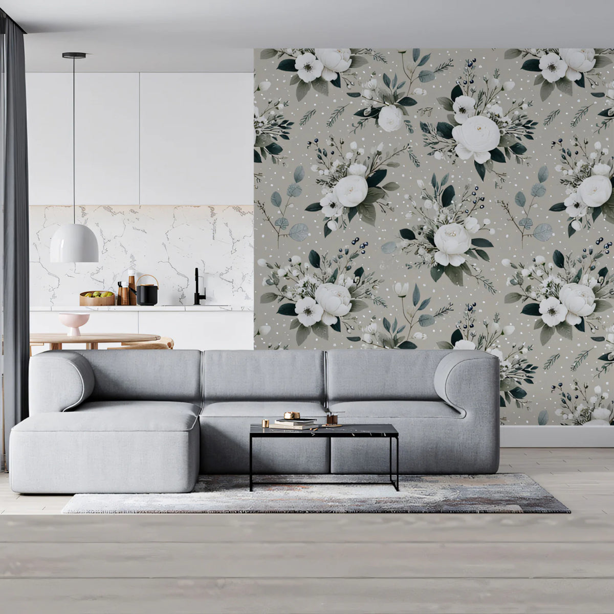 White Floral Bouquet Mural Wallpaper on Soft Beige Background Mural Wallpaper - room preview 02