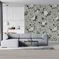 White Floral Bouquet Mural Wallpaper on Soft Beige Background Mural Wallpaper - room preview 02
