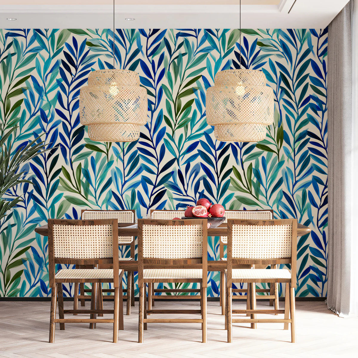 Abstract Foliage Mural Wallpaper — Blue and Green Leaf Pattern Mural Wallpaper - room preview 02
