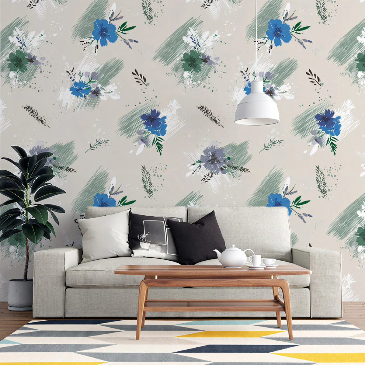 Abstract Painted Floral Mural Wallpaper — Sage and Cobalt Mural Wallpaper - room preview 02