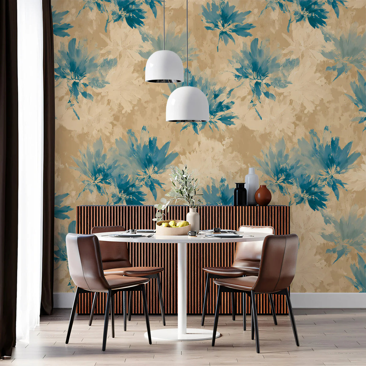 Abstract Floral Bloom Mural Wallpaper — Indigo and Sand Mural Wallpaper - room preview 02