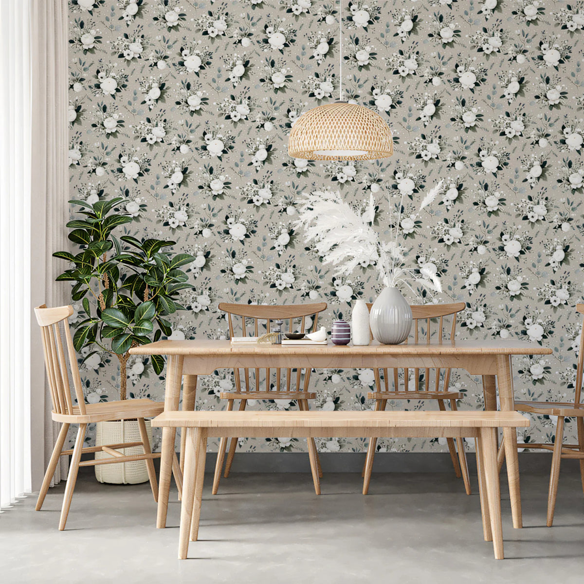 Dainty White Floral Mural Wallpaper — Soft Gray Botanical Pattern Mural Wallpaper - room preview 02