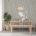 Dainty White Floral Mural Wallpaper — Soft Gray Botanical Pattern Mural Wallpaper - room preview 02