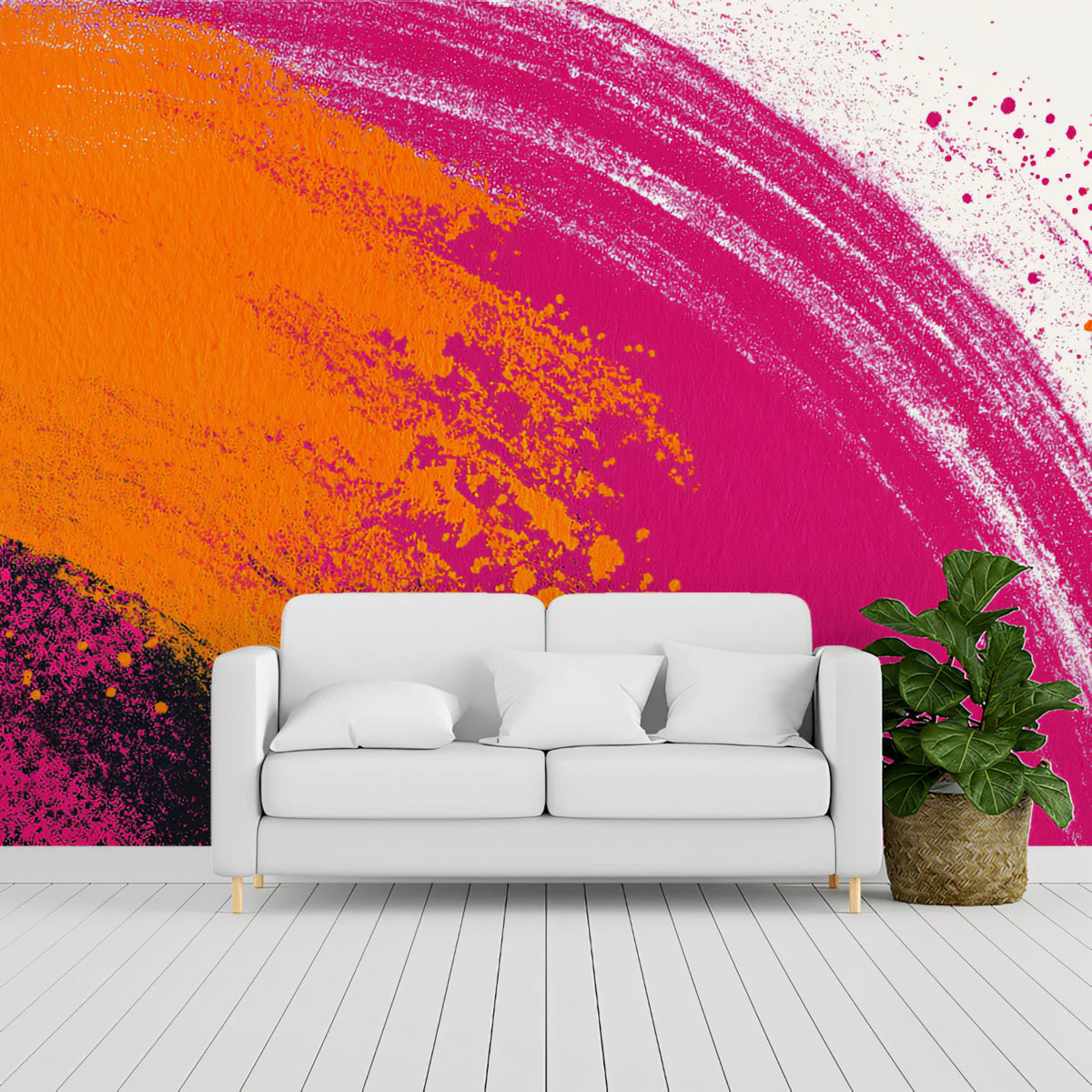 Abstract Painted Circle Mural Wallpaper — Vibrant Fuchsia and Orange Mural Wallpaper - room preview 02