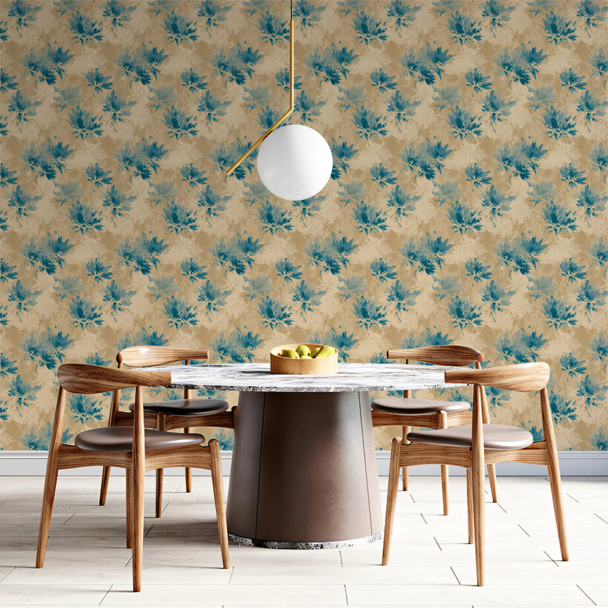 Abstract Floral Mural Wallpaper in Ocean Blue and Sand Mural Wallpaper - room preview 02