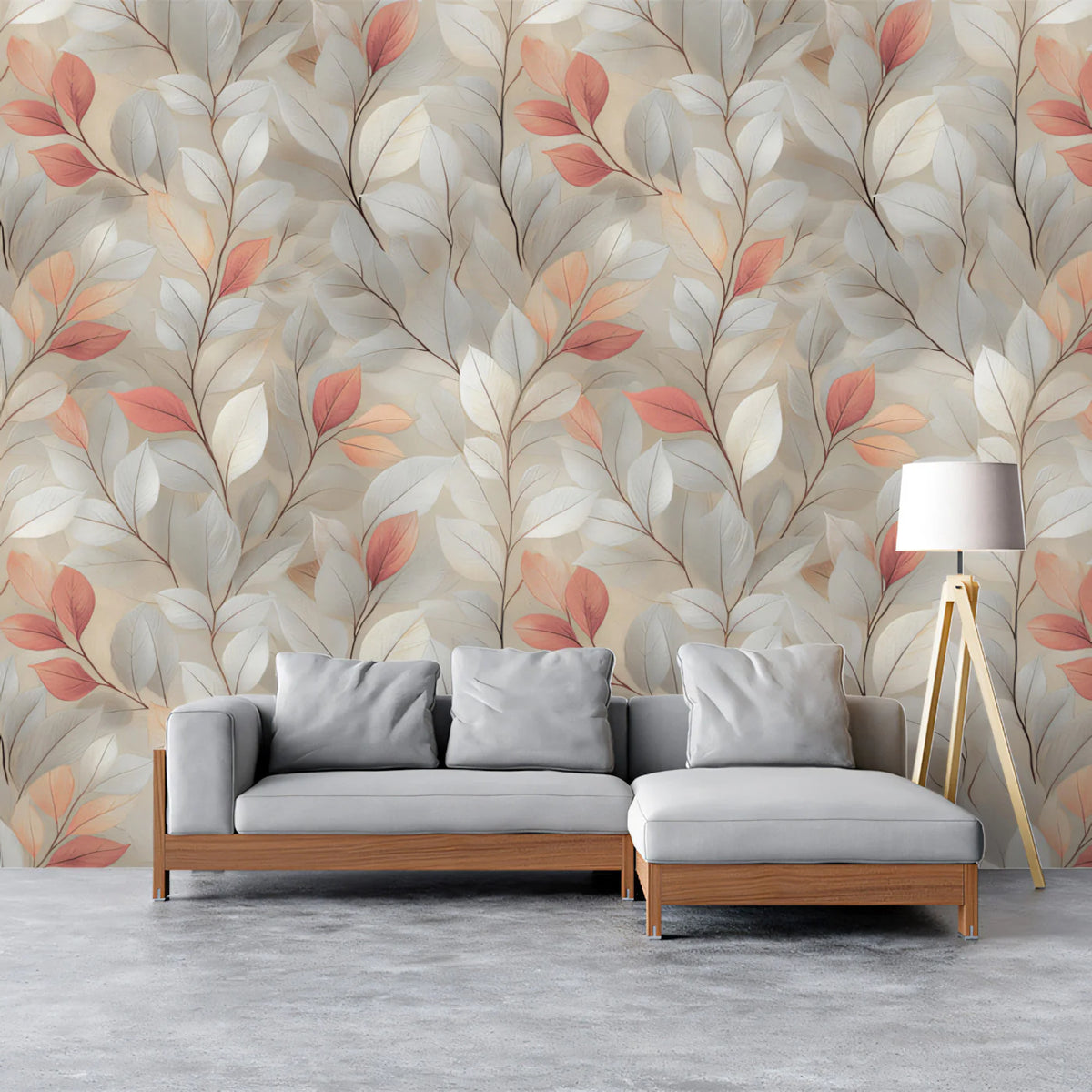 Abstract Botanical Mural Wallpaper — Soft Pink and Gray Leaf Trail Mural Wallpaper - room preview 02