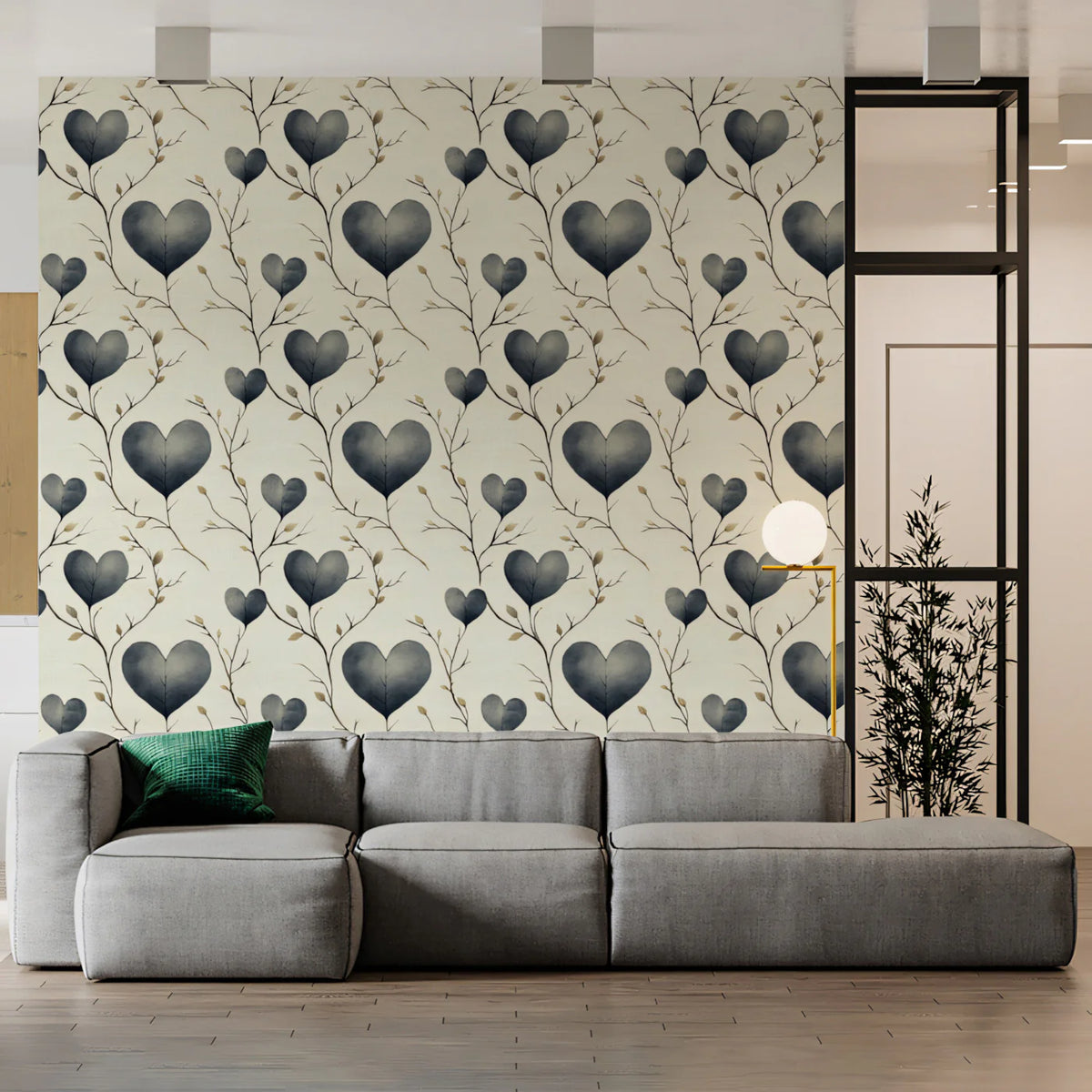 Heart Leaf Branch Mural Wallpaper — Soft Charcoal Botanical Pattern Mural Wallpaper - room preview 02