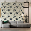 Heart Leaf Branch Mural Wallpaper — Soft Charcoal Botanical Pattern Mural Wallpaper - room preview 02