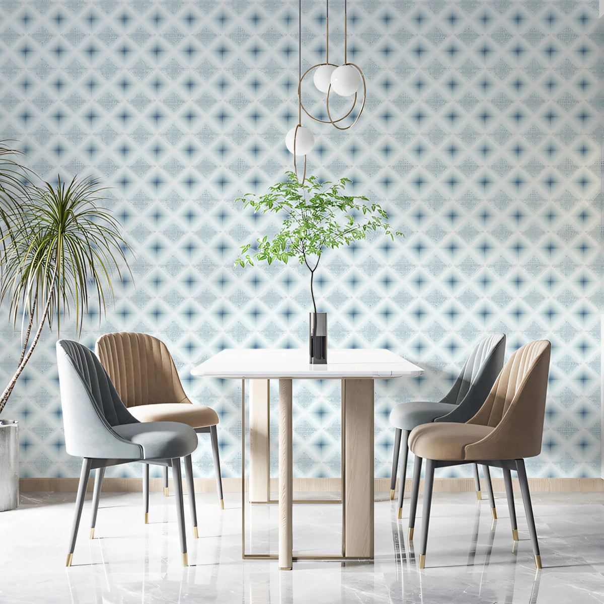 Geometric Diamond Mural Wallpaper — Soft Blue Minimalist Pattern Mural Wallpaper - room preview 02