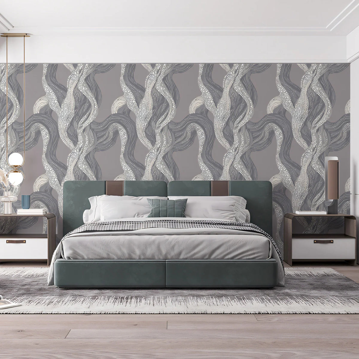 Abstract Swirl Mural Wallpaper — Minimalist Ribbon Pattern Mural Wallpaper - room preview 02