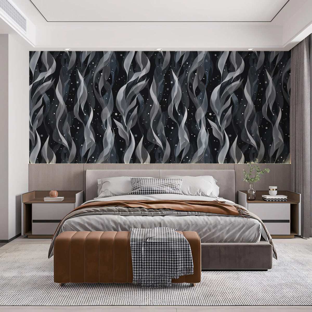 Abstract Ribbon Mural Wallpaper — Moody Monochrome Swirls Mural Wallpaper - room preview 02