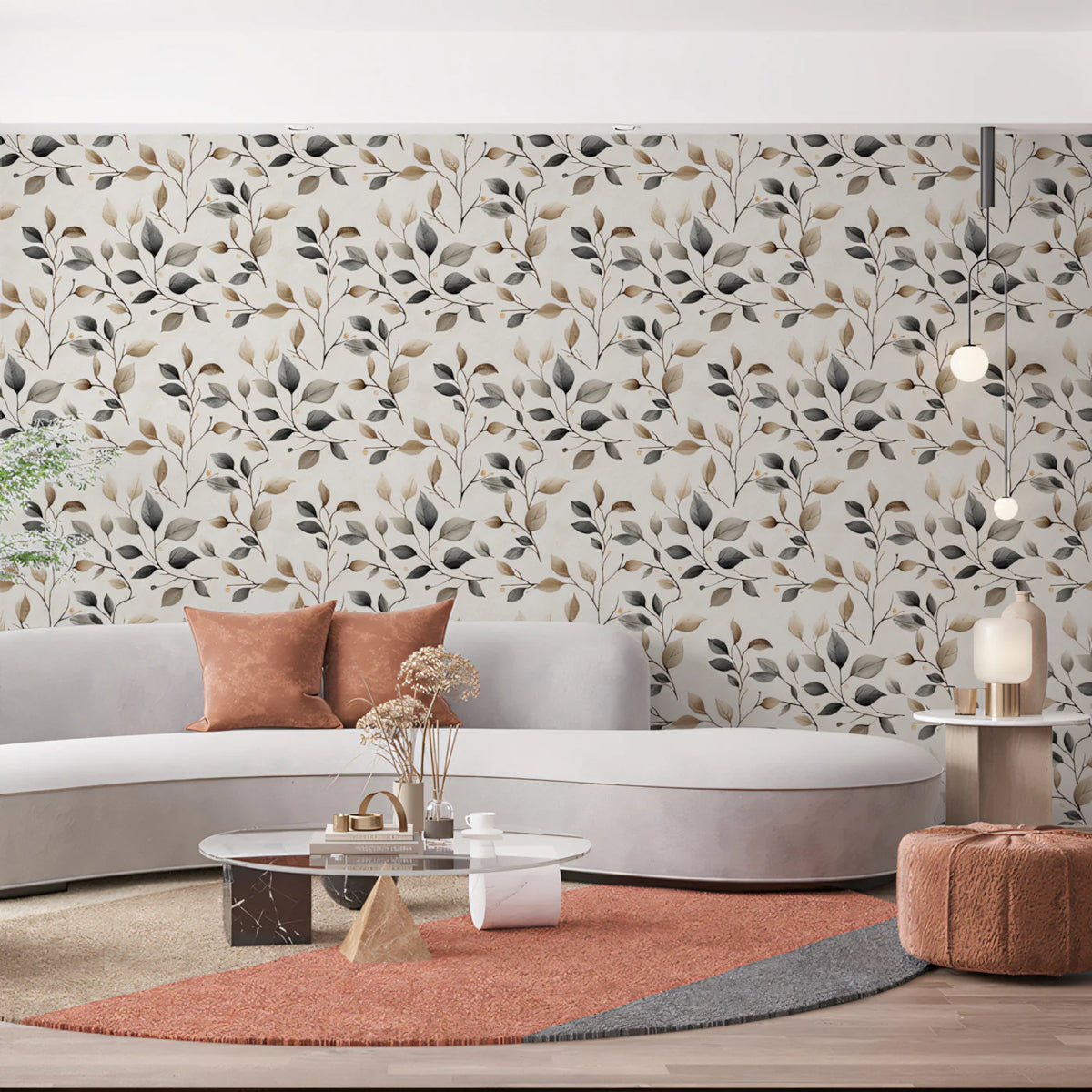 Minimalist Leaf Branch Mural Wallpaper — Soft Earthy Tones Mural Wallpaper - room preview 02