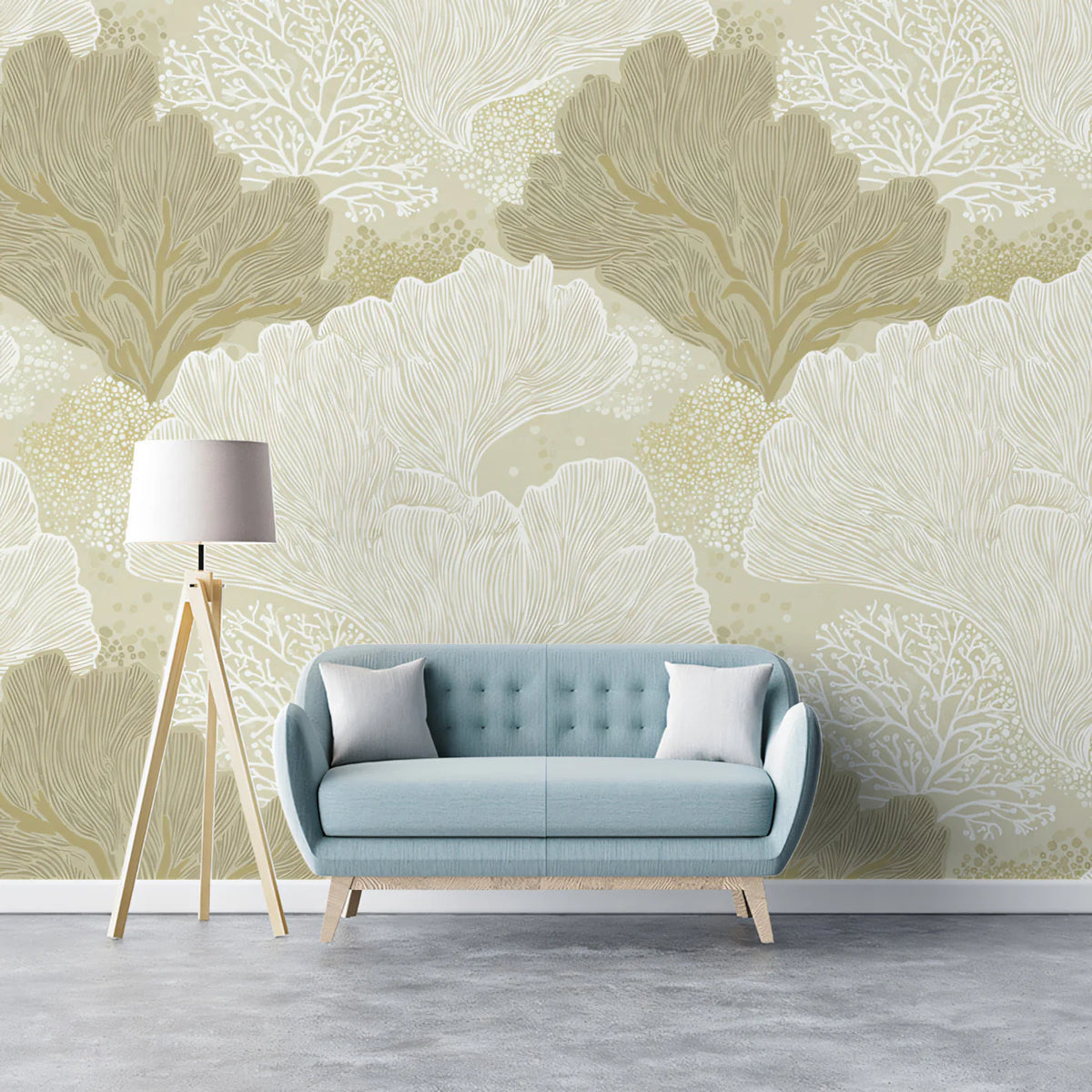 Sculptural Ginkgo Leaf Mural Wallpaper — Neutral Minimalist Mural Wallpaper - room preview 02