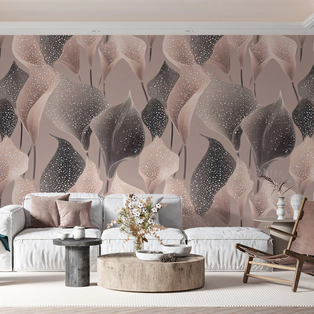 Abstract Calla Lily Mural Wallpaper — Soft Blush and Charcoal Mural Wallpaper - room preview 02