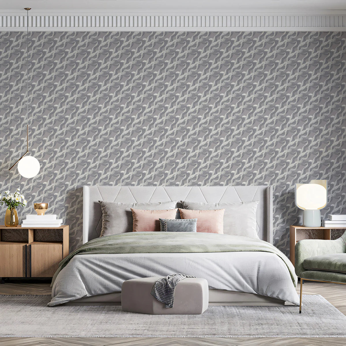 Abstract Rippled Wave Mural Wallpaper — Soft Gray Minimalist Mural Wallpaper - room preview 02