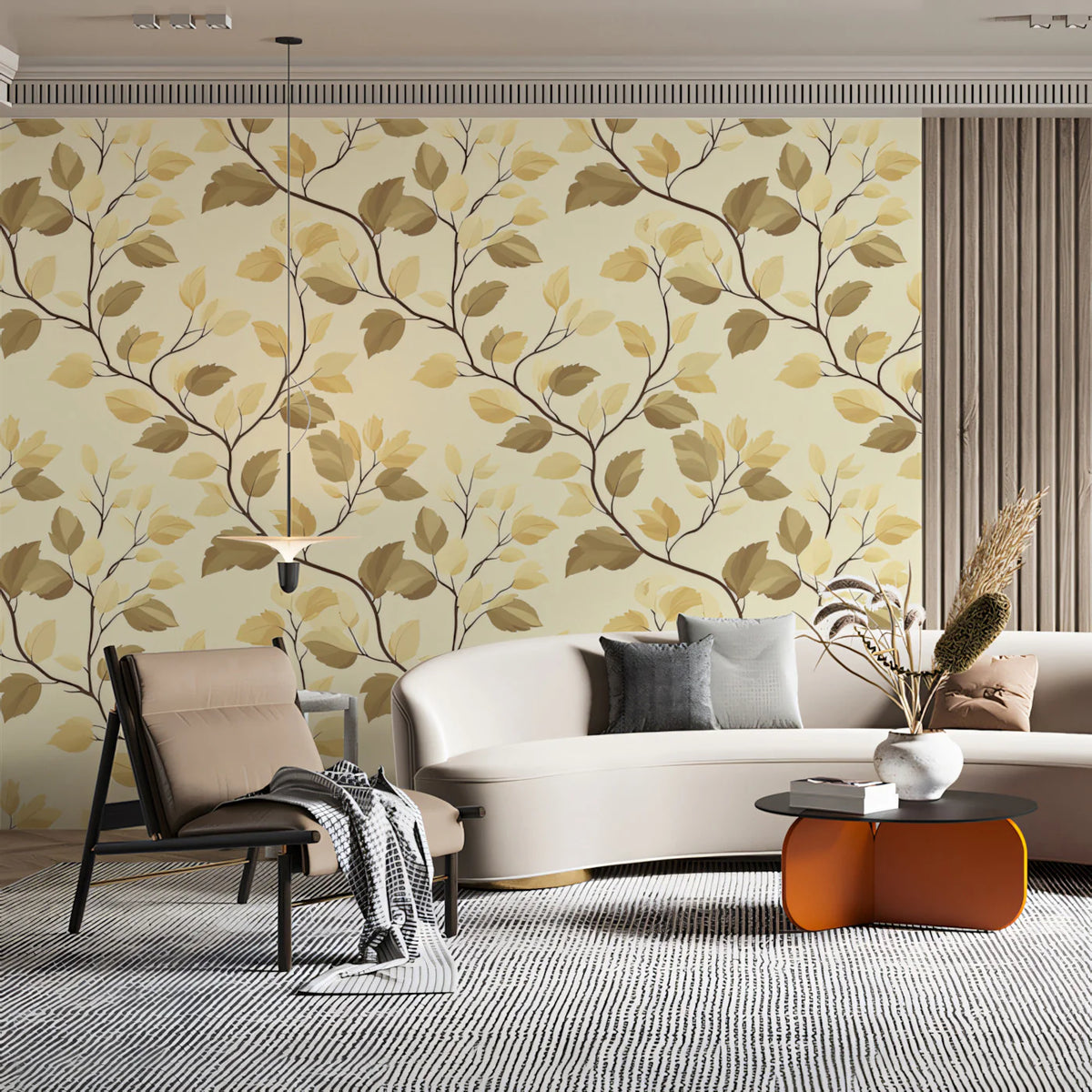 Abstract Botanical Mural Wallpaper — Muted Branch and Leaf Pattern Mural Wallpaper - room preview 02