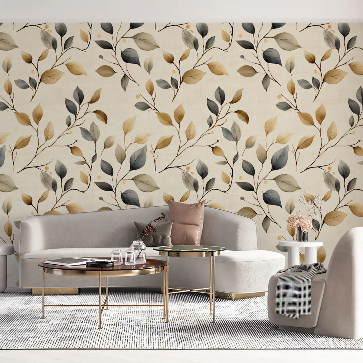 Abstract Botanical Mural Wallpaper — Warm Ochre and Cool Slate Mural Wallpaper - room preview 02