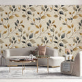 Abstract Botanical Mural Wallpaper — Warm Ochre and Cool Slate Mural Wallpaper - room preview 02