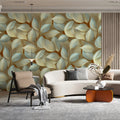 Sculptural Leaf Mural Wallpaper — Neutral Botanical Design Mural Wallpaper - room preview 02