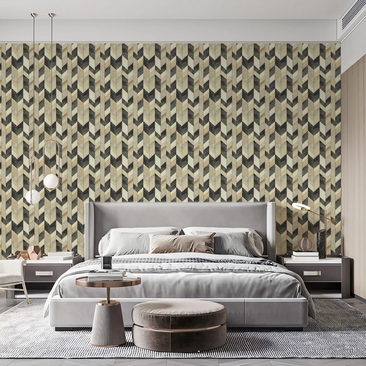 Geometric Herringbone Mural Wallpaper — Modern Neutral Design Mural Wallpaper - room preview 02
