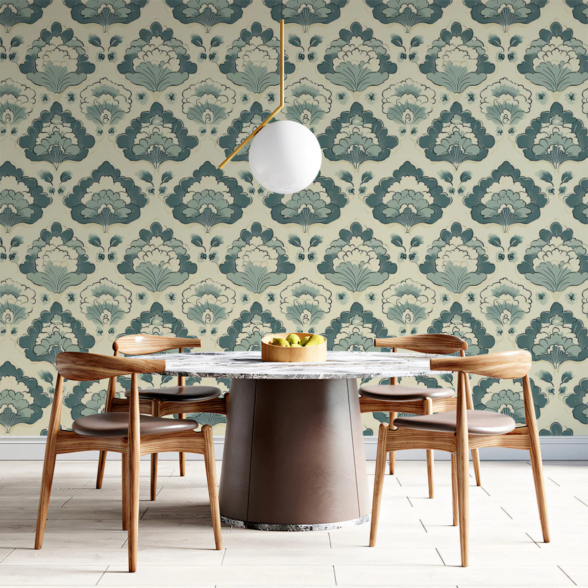 Vintage Damask Mural Wallpaper — Blue and Cream Floral Print Mural Wallpaper - room preview 02