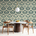 Vintage Damask Mural Wallpaper — Blue and Cream Floral Print Mural Wallpaper - room preview 02