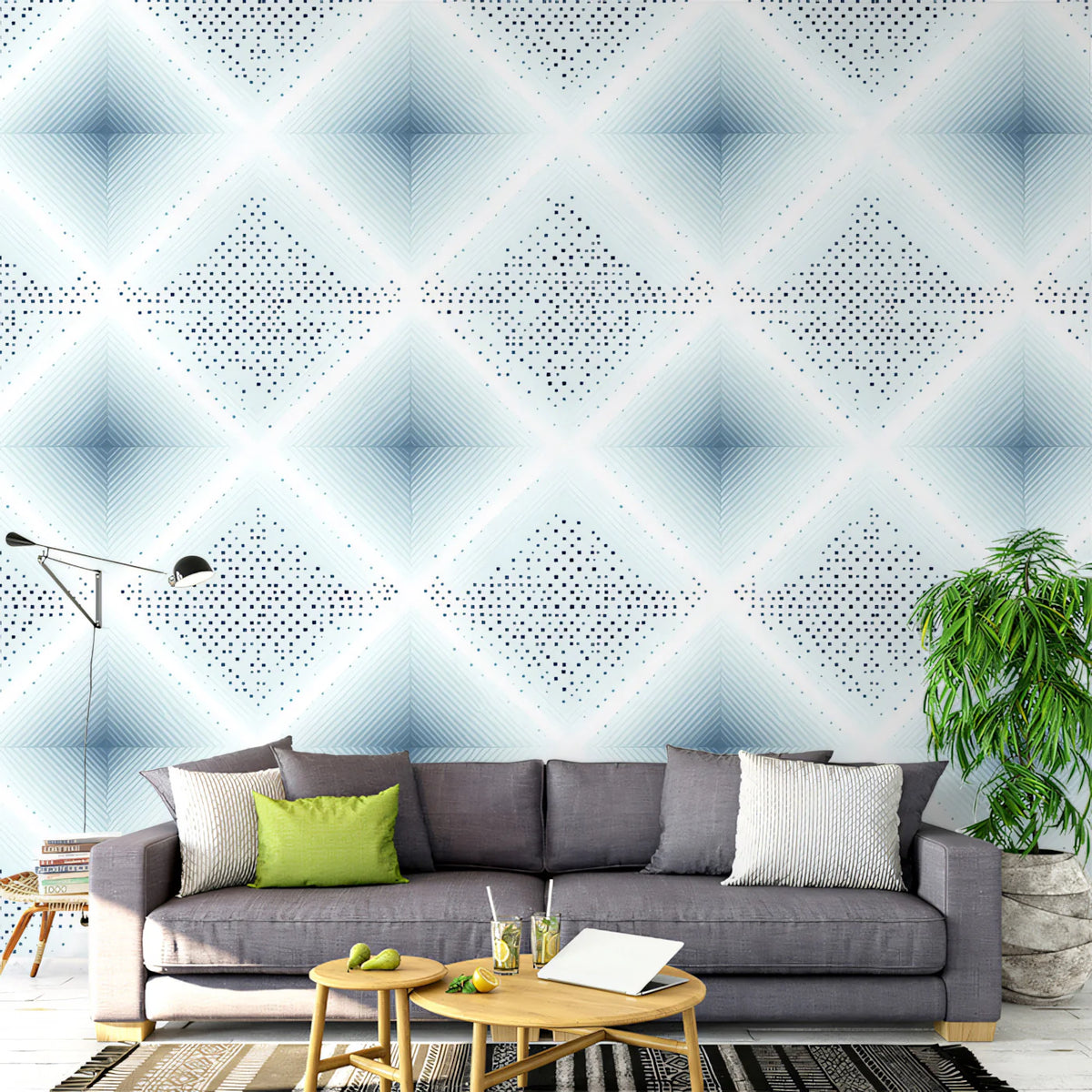 Geometric Diamond Mural Wallpaper — Modern Pixelated Blue Pattern Mural Wallpaper - room preview 02