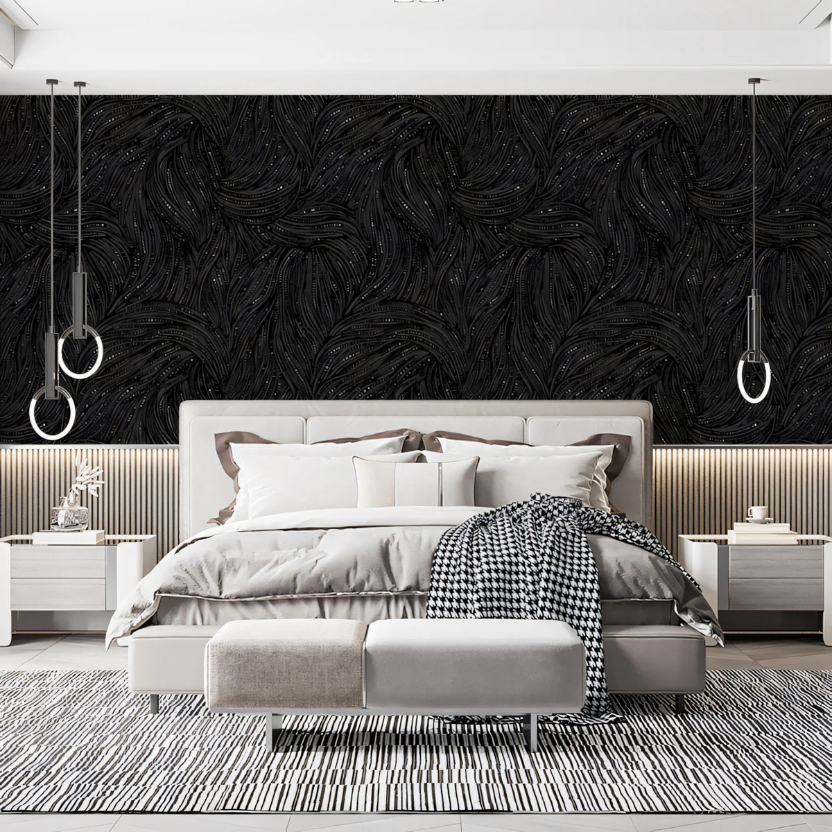 Abstract Swirl Mural Wallpaper — Moody Charcoal and White Ink Lines Mural Wallpaper - room preview 02