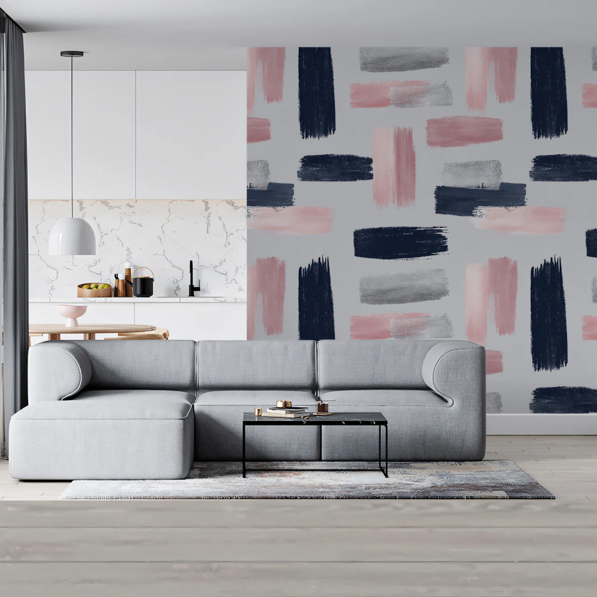 Abstract Brushstroke Mural Wallpaper — Navy, Pink, and Silver Mural Wallpaper - room preview 02