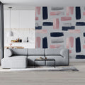 Abstract Brushstroke Mural Wallpaper — Navy, Pink, and Silver Mural Wallpaper - room preview 02