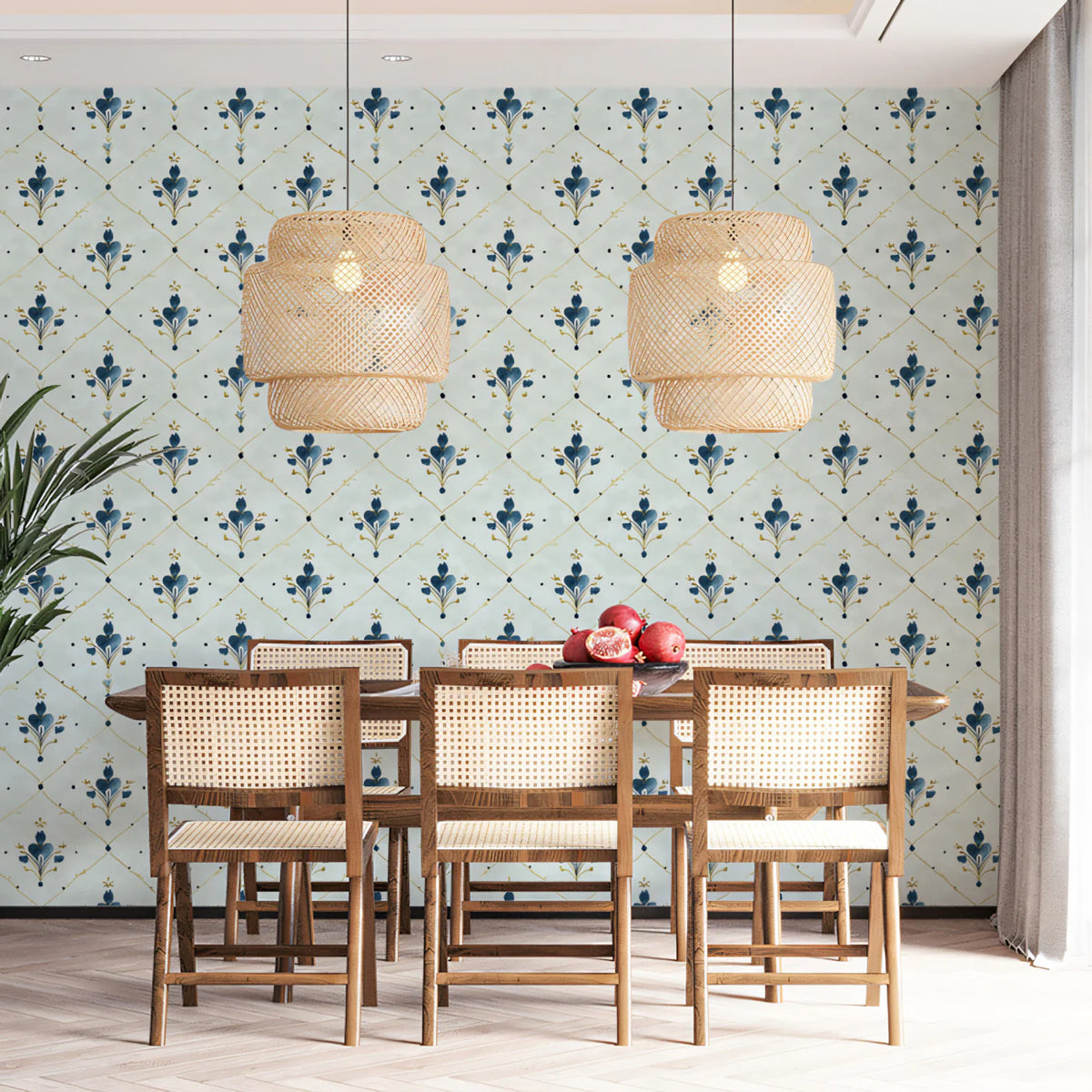 Modern Damask Mural Wallpaper — Soft Blue and Gold Lattice Mural Wallpaper - room preview 02
