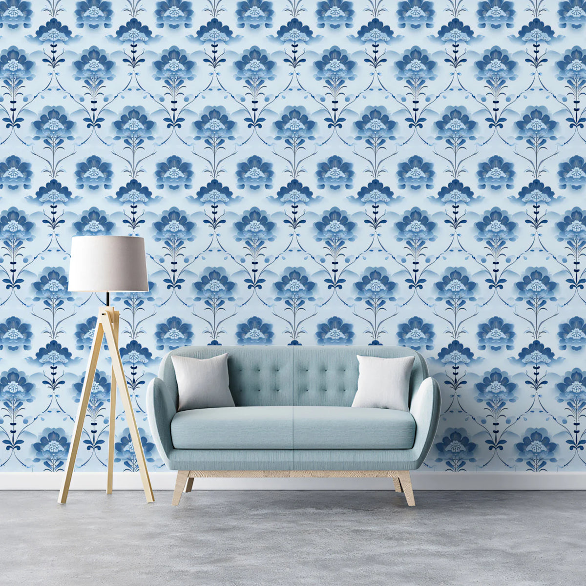Delicate Damask Floral Mural Wallpaper — Soft Blue Pattern Mural Wallpaper - room preview 02