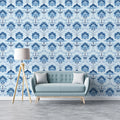 Delicate Damask Floral Mural Wallpaper — Soft Blue Pattern Mural Wallpaper - room preview 02
