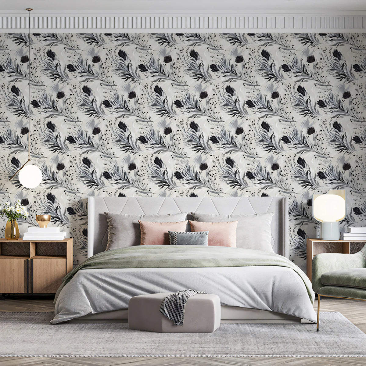 Monochrome Botanical Mural Wallpaper — Abstract Feathered Floral Mural Wallpaper - room preview 02