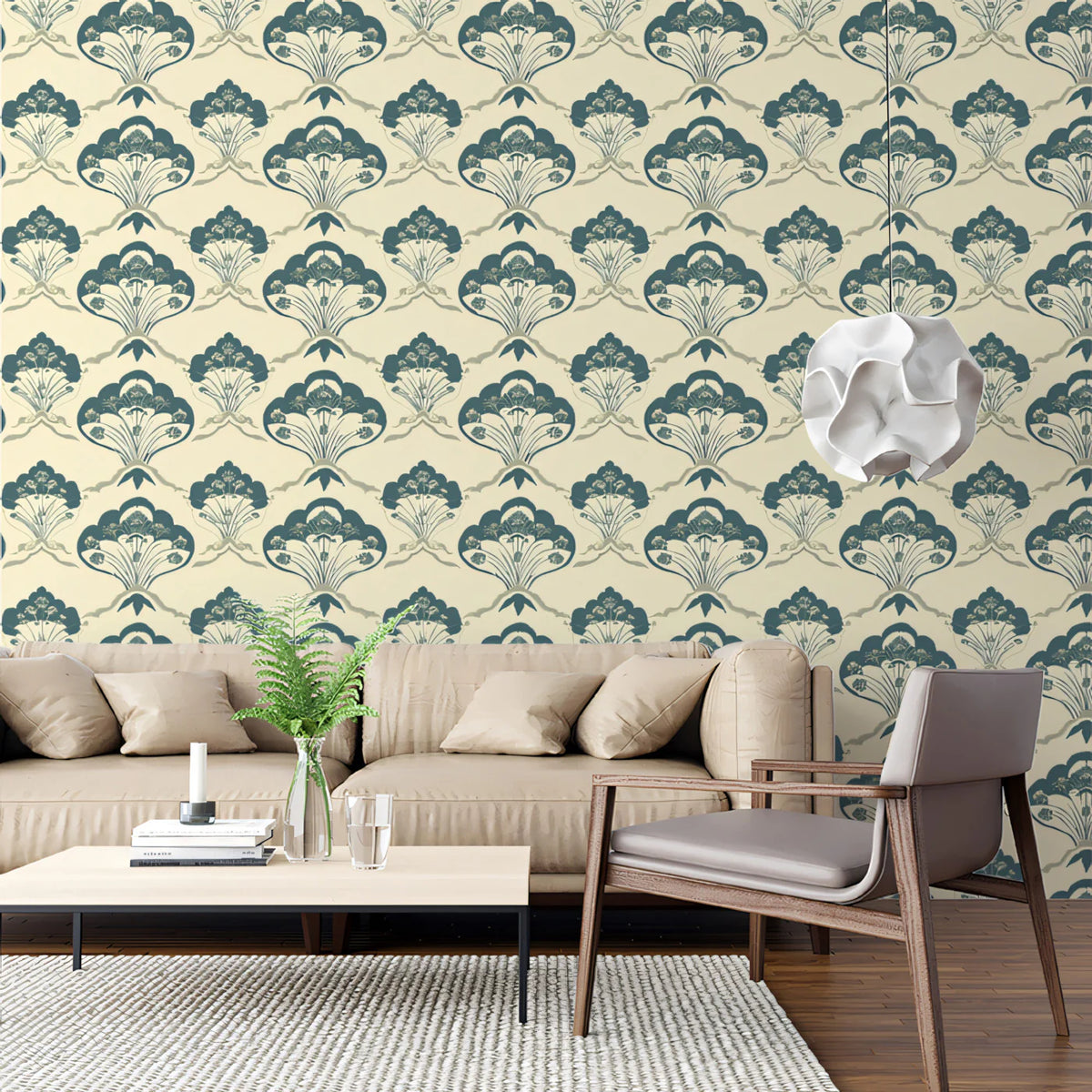 Art Nouveau Fan Floral Mural Wallpaper — Cream and Slate Blue Mural Wallpaper - room preview 02