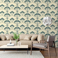 Art Nouveau Fan Floral Mural Wallpaper — Cream and Slate Blue Mural Wallpaper - room preview 02