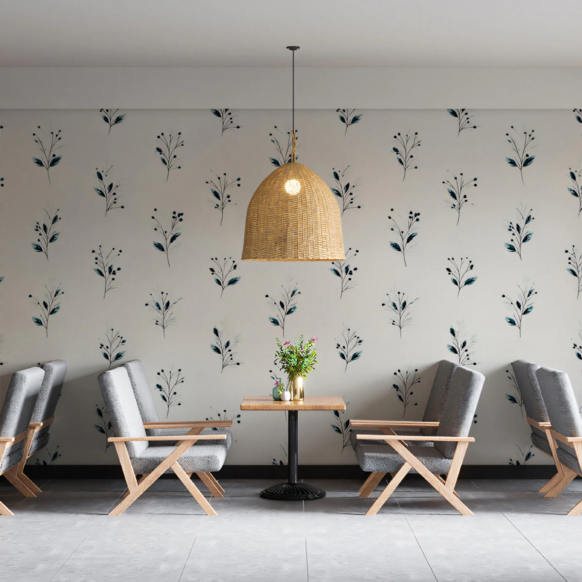 Minimalist Botanical Sprig Mural Wallpaper — Navy and Off-White Mural Wallpaper - room preview 02