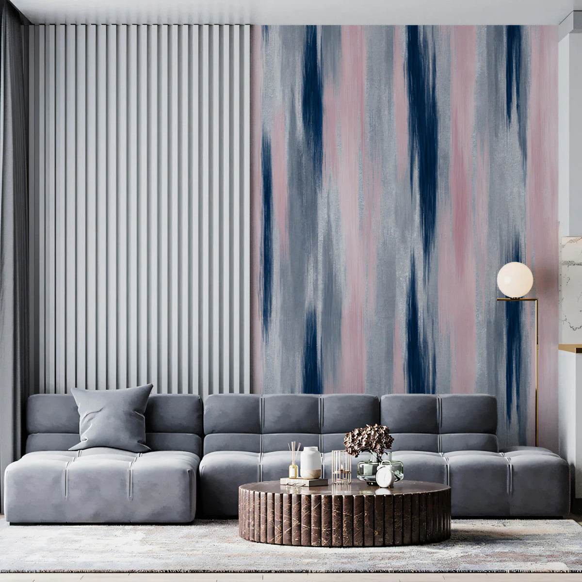 Abstract Vertical Brushstroke Mural Wallpaper — Soft Navy and Blush Mural Wallpaper - room preview 02