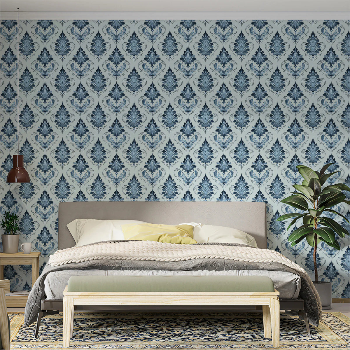 Traditional Damask Floral Mural Wallpaper — Cool Blue Leaf Pattern Mural Wallpaper - room preview 02