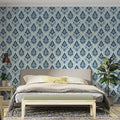 Traditional Damask Floral Mural Wallpaper — Cool Blue Leaf Pattern Mural Wallpaper - room preview 02