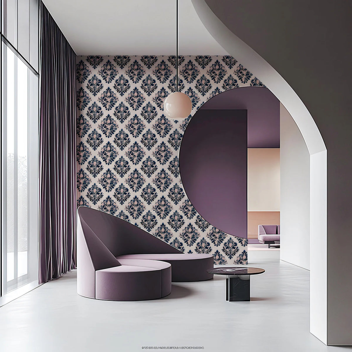 Navy and Blush Pink Damask Mural Wallpaper — Traditional Floral Mural Wallpaper - room preview 02