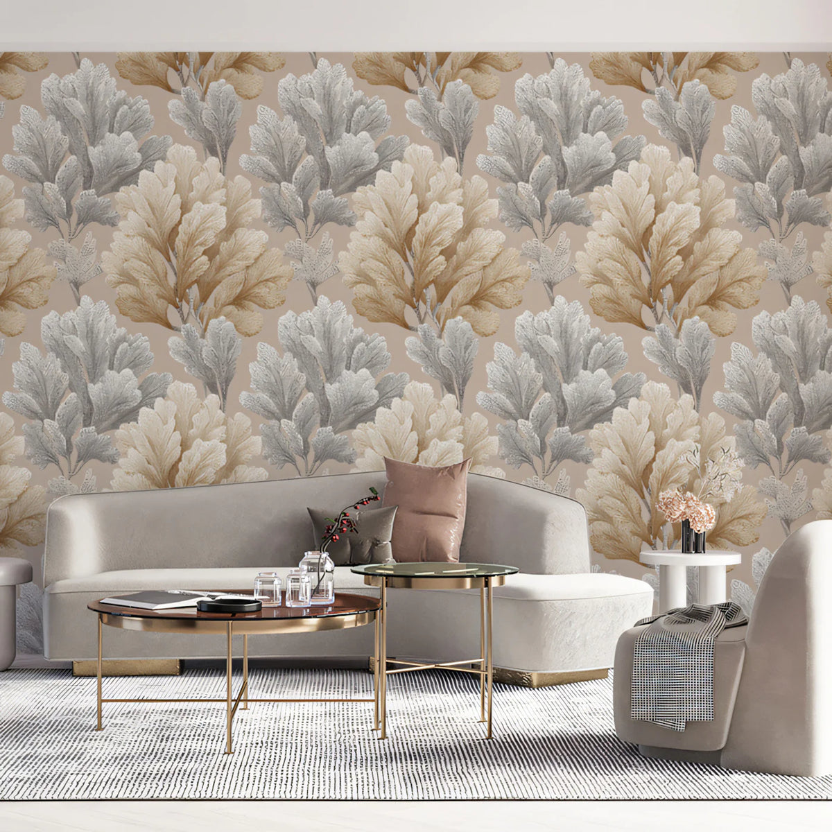 Abstract Foliage Mural Wallpaper — Soft Tan and Gray Leaves Mural Wallpaper - room preview 02