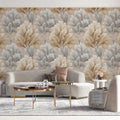 Abstract Foliage Mural Wallpaper — Soft Tan and Gray Leaves Mural Wallpaper - room preview 02