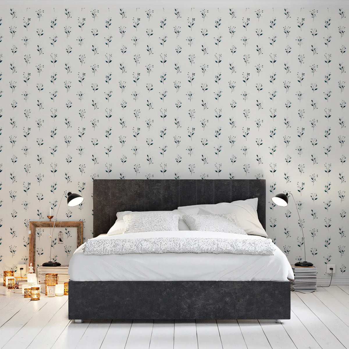 Minimalist Botanical Mural Wallpaper — Dainty Navy Leaf Pattern Mural Wallpaper - room preview 02