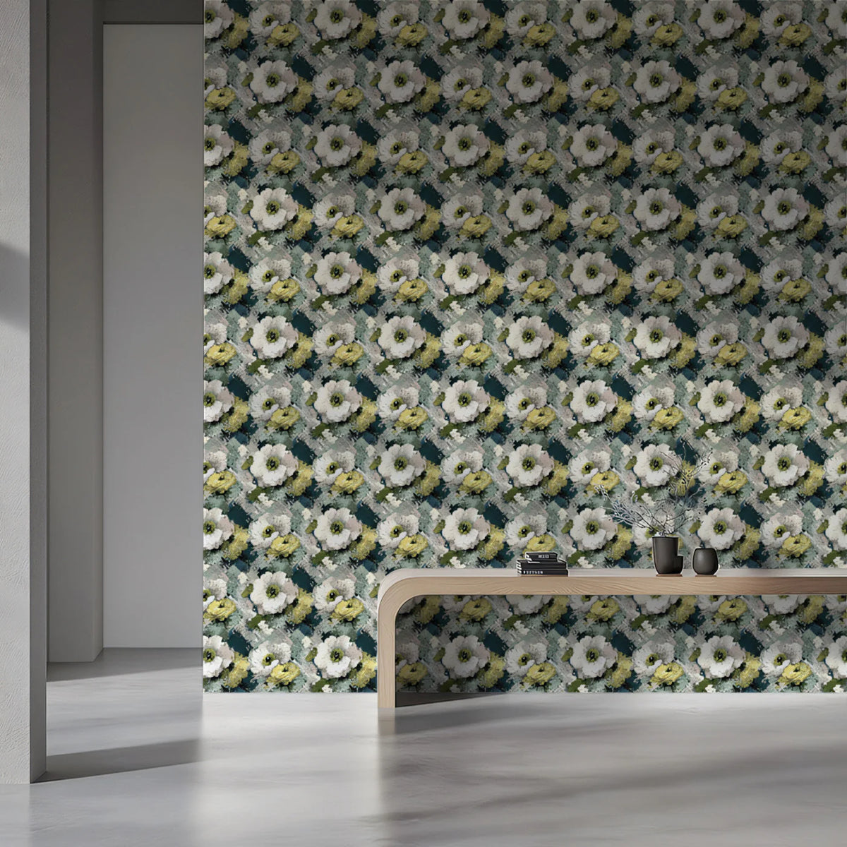 Impressionist Floral Mural Wallpaper in Sage and Ochre Mural Wallpaper - room preview 02