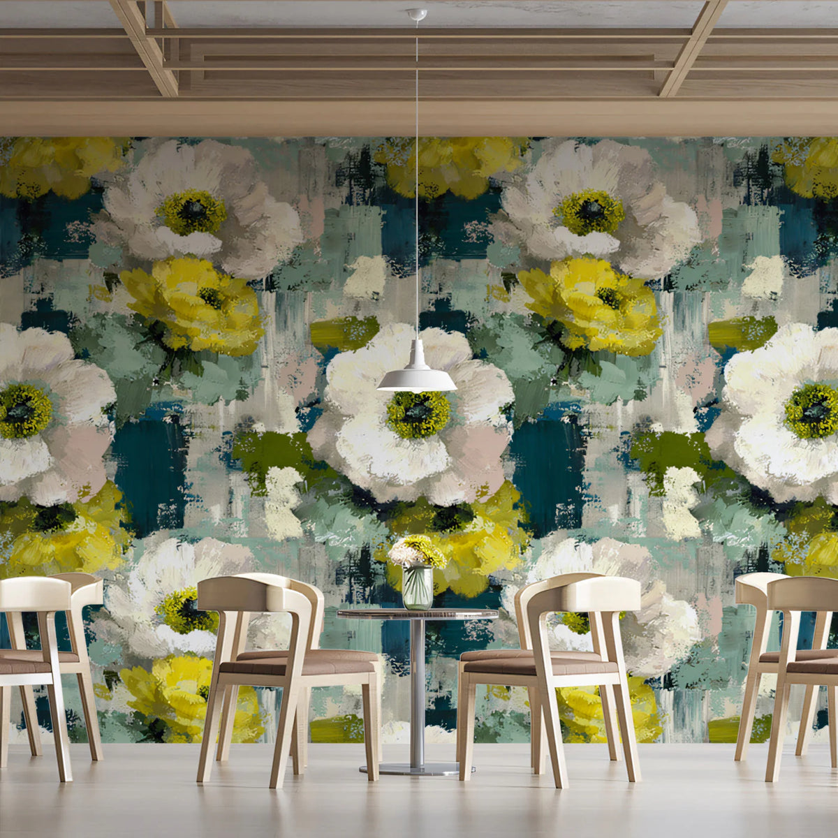 Abstract Floral Mural Wallpaper in Ochre and Teal Brushstrokes Mural Wallpaper - room preview 02