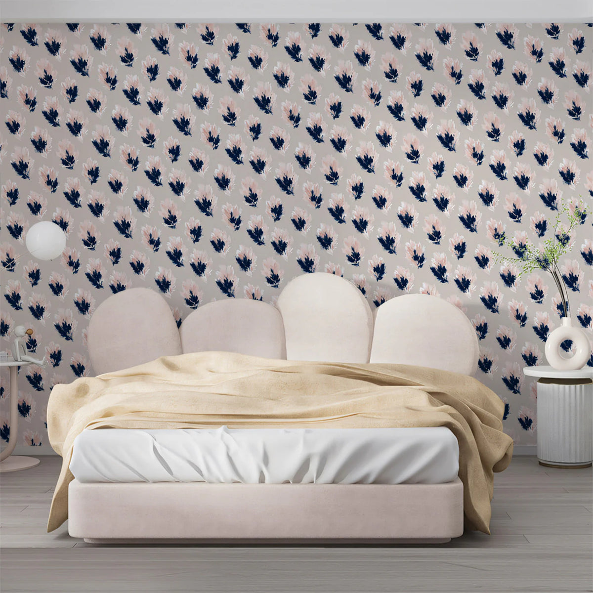 Abstract Feather Mural Wallpaper — Soft Pink and Navy Pattern Mural Wallpaper - room preview 02